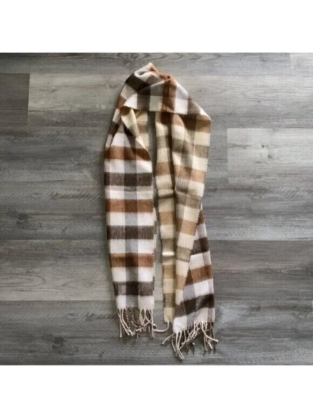 Scarf Womens Mens 12” x 64” Cashmere Blend Knit Cream Brown Tan Plaid Fringe